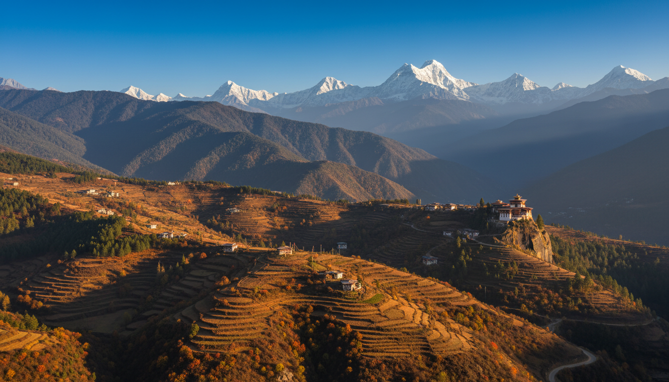 Bhutanische Landschaft im goldenen Herbstlicht mit klarer Sicht auf die Himalaya-Kette