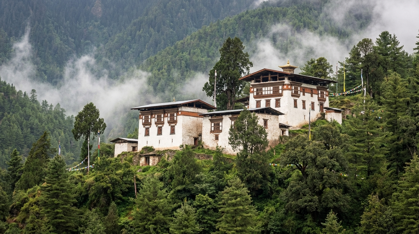 Das weiß getünchte Tango-Kloster eingebettet in dichten Bergwald oberhalb von Thimphu