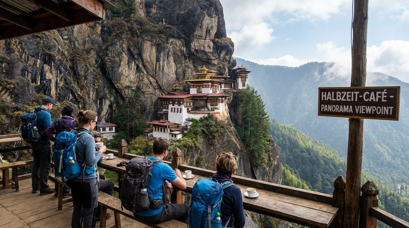 Blick vom Halbzeit-Café auf das Tigernest-Kloster - die perfekte Pause mit atemberaubendem Panorama auf die Klosterfassade