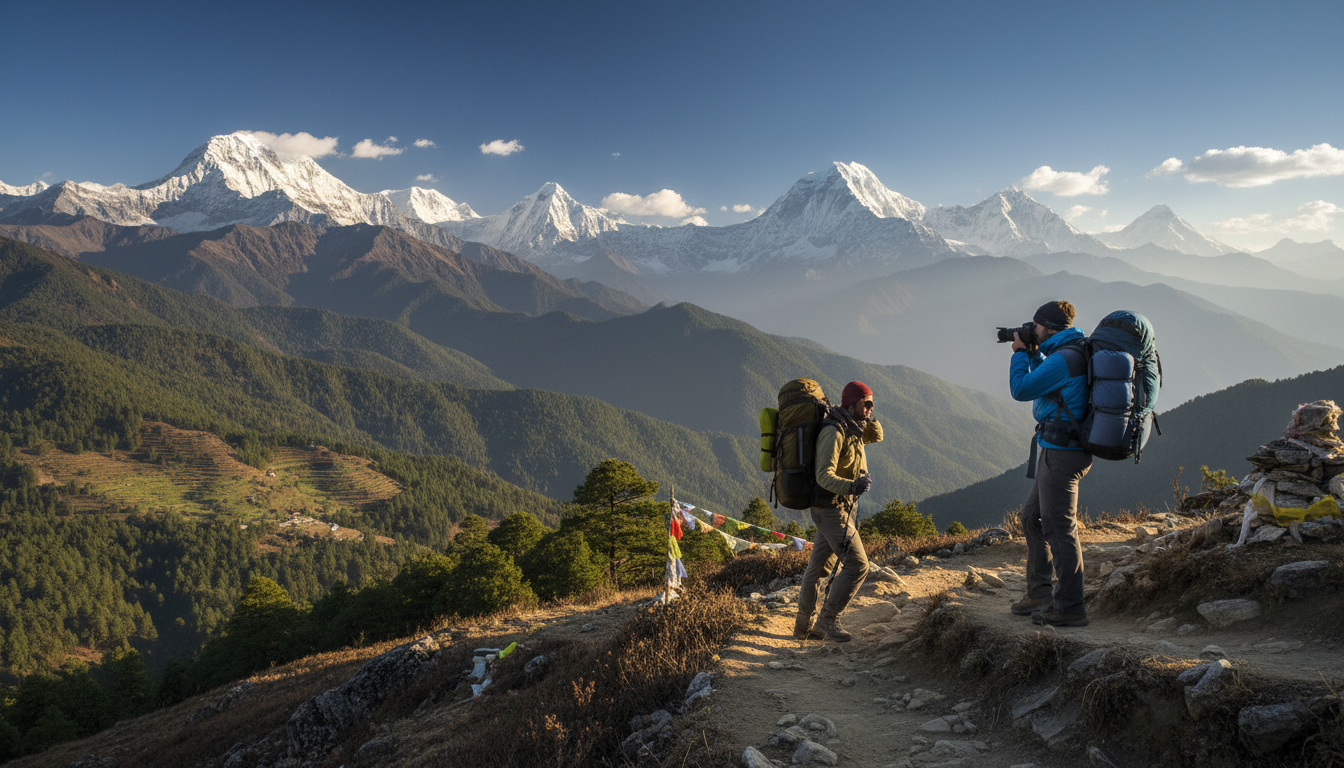 Wanderer mit Rucksäcken auf einem Bergpfad in Bhutan mit schneebedeckten Gipfeln im Hintergrund
