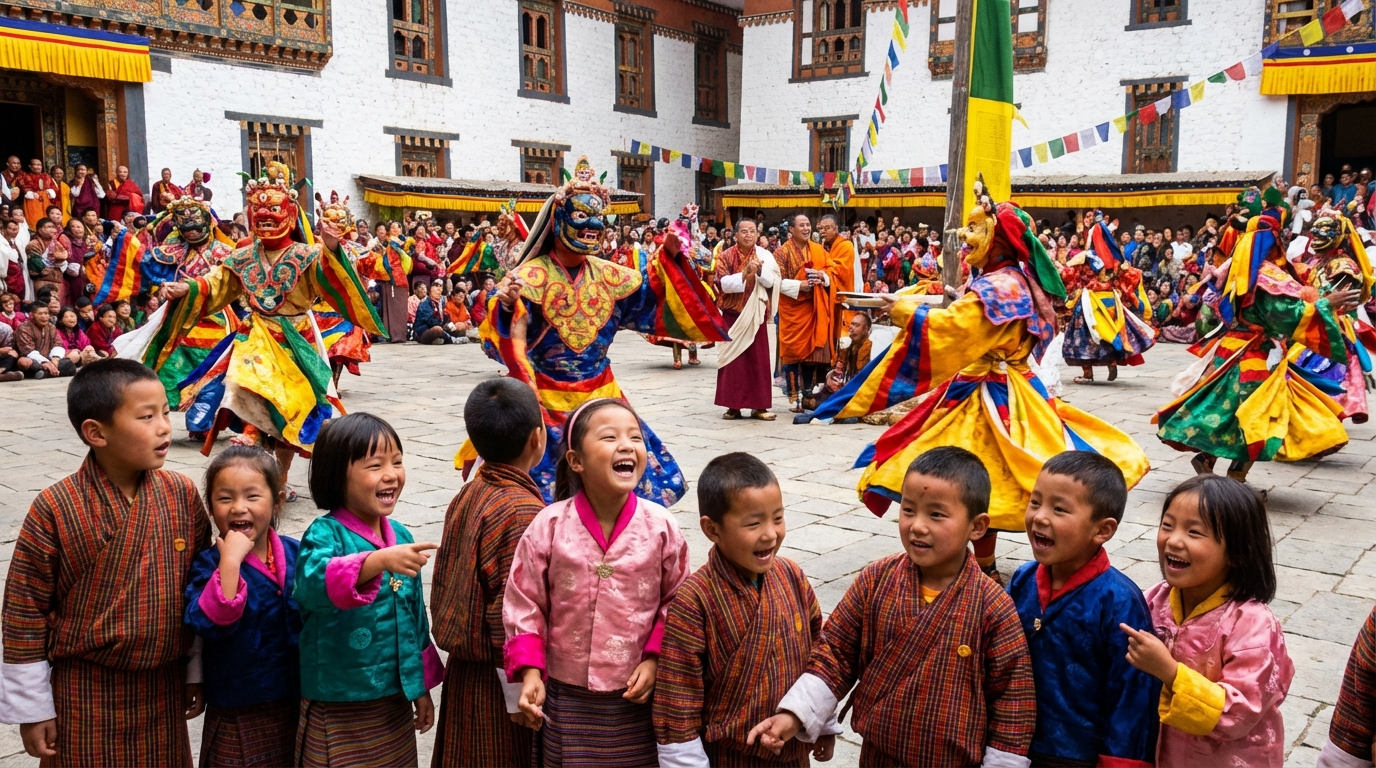 Maskentänzer in bunten traditionellen Kostümen bei einem Tshechu-Festival, im Vordergrund staunen bhutanische und internationale Kinder