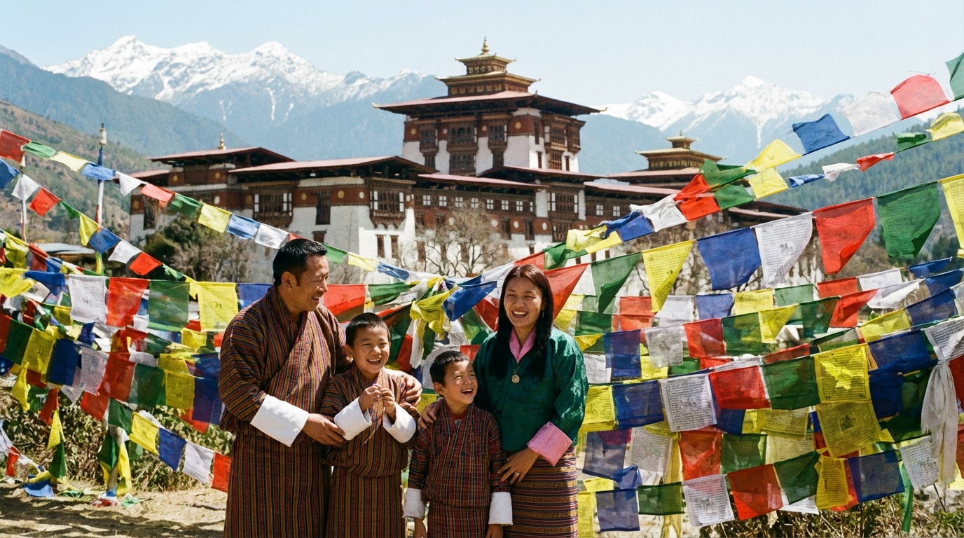 Familie mit zwei Kindern vor bunten Gebetsfahnen in Bhutan, im Hintergrund schneebedeckte Himalaya-Gipfel und ein traditioneller Dzong