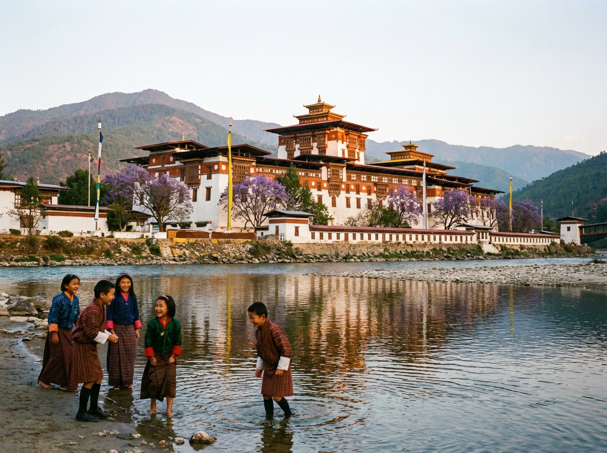 Punakha Dzong bei Sonnenuntergang, im Vordergrund der Fluss mit Kindern am Ufer