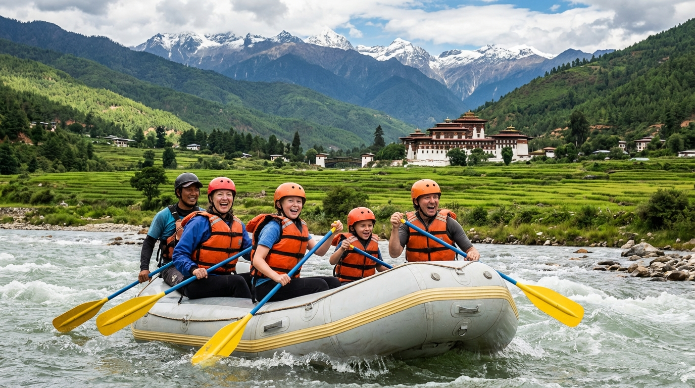 Familie beim Rafting auf dem Mo Chhu Fluss bei Punakha – Eltern und zwei Kinder mit Schwimmwesten in einem Schlauchboot