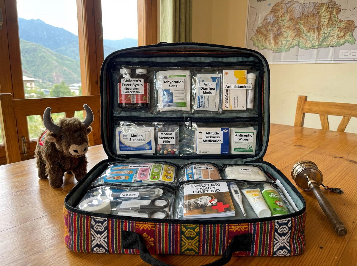 Reiseapotheke mit Medikamenten und Verbandsmaterial für Familienreisen