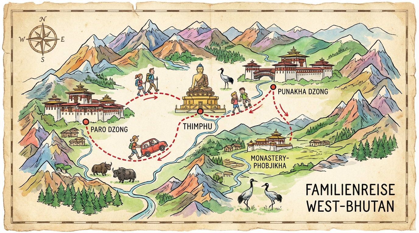 Karte von West-Bhutan mit eingezeichneter Familienroute: Paro, Thimphu, Punakha, Phobjikha und zurück nach Paro