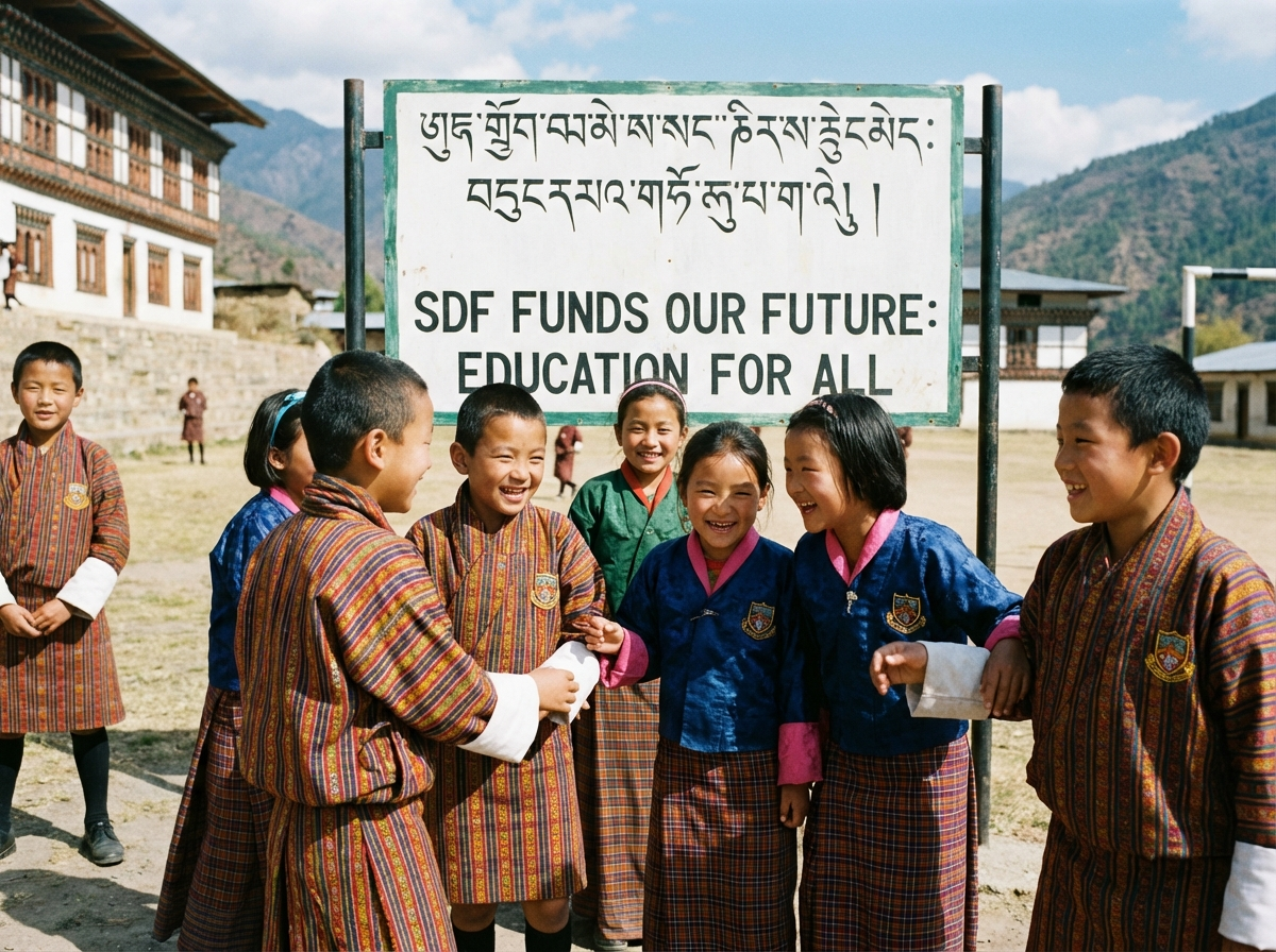 Bhutanische Schulkinder in Uniform – symbolisiert die Verwendung der SDF für Bildung
