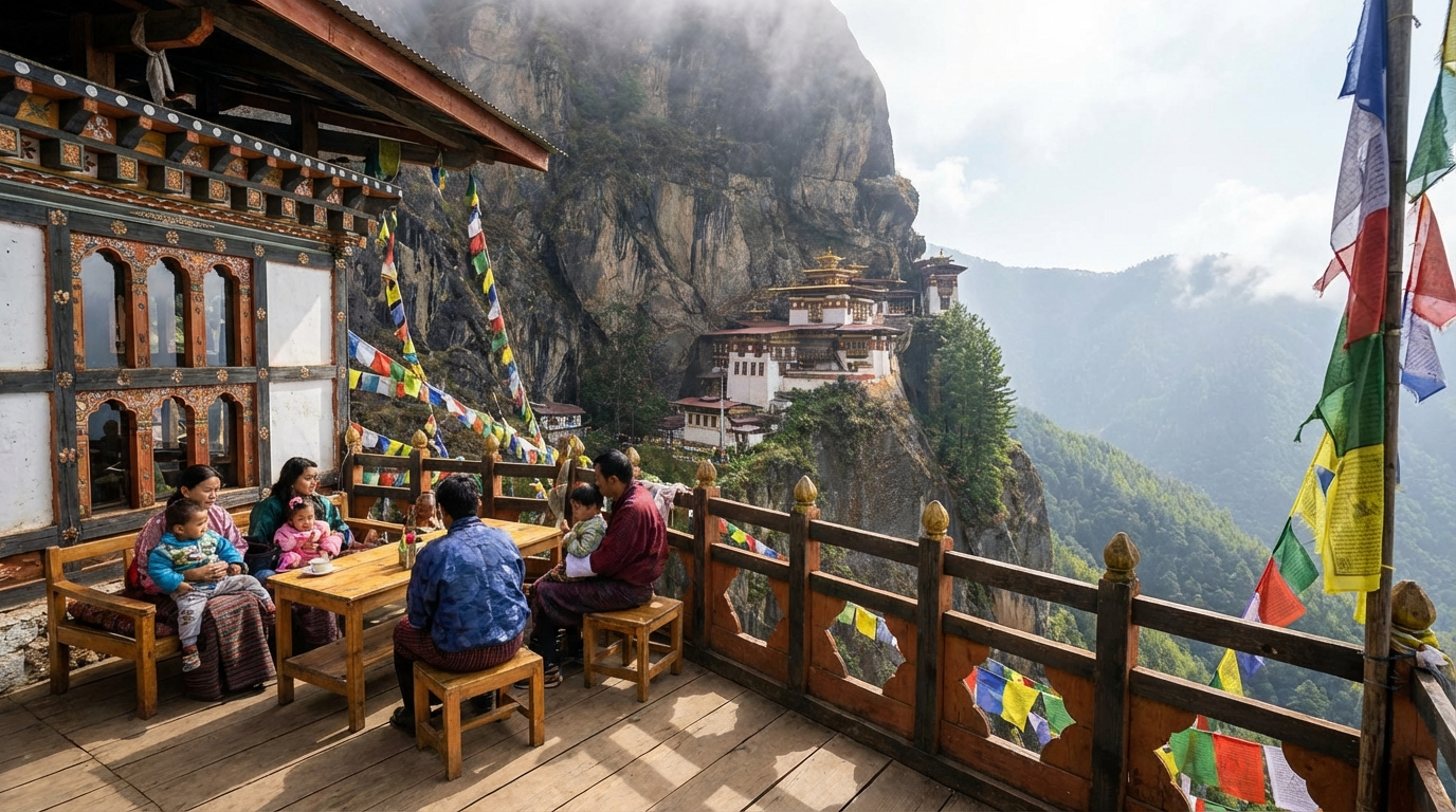 Blick auf das Tigernest-Kloster von der Cafeteria-Aussichtsplattform – ein guter Umkehrpunkt für Familien mit kleineren Kindern