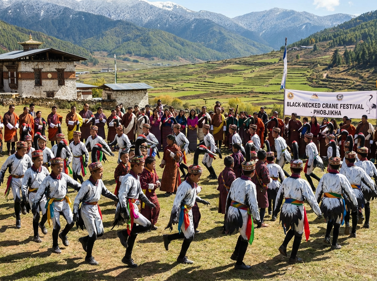 Als Schwarzhalskraniche verkleidete Schulkinder tanzen beim Black-Necked Crane Festival in Phobjikha