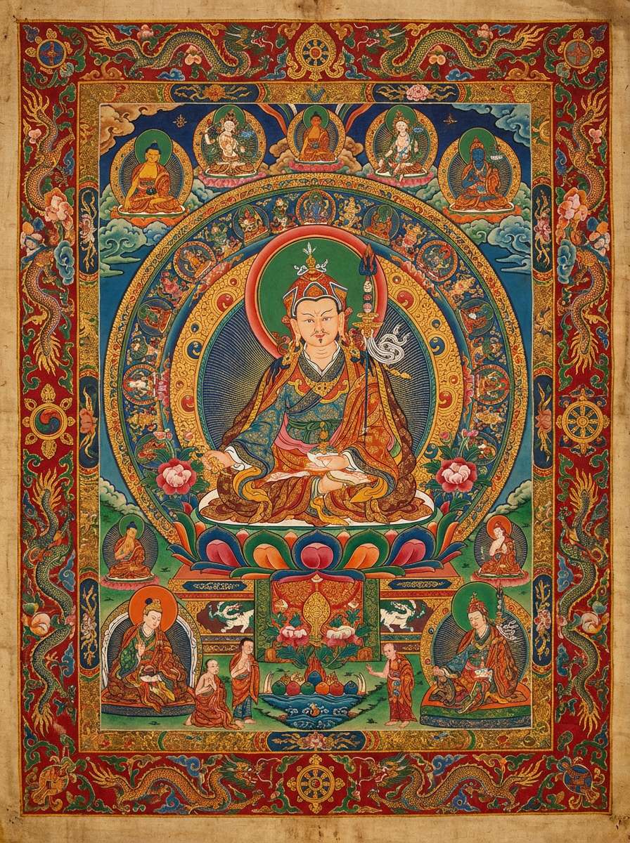 Darstellung von Guru Rinpoche (Padmasambhava) auf einem traditionellen Thangka-Gemälde, der als Begründer der Tshechu-Tradition gilt