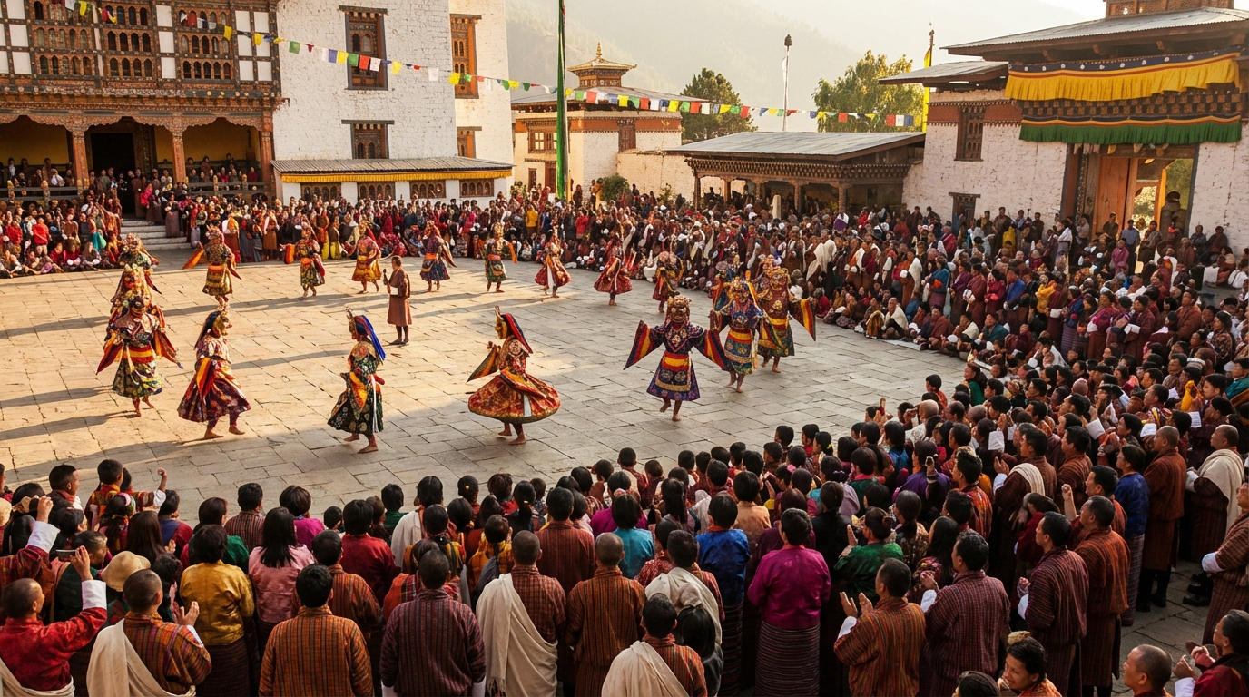 Farbenfrohe Maskentänzer in traditionellen Kostümen während eines Tshechu-Festivals im Innenhof eines Dzong, umgeben von Zuschauern in festlicher Kleidung