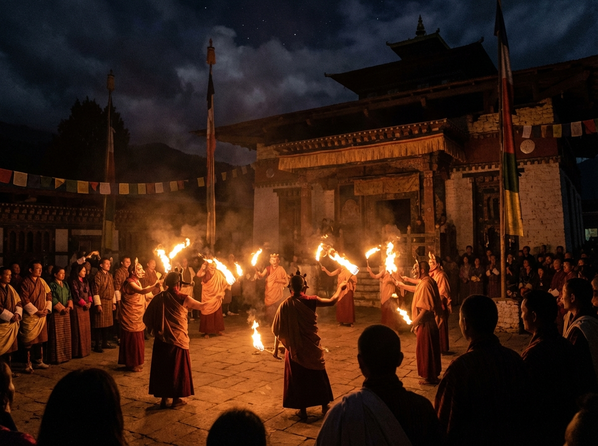 Nächtlicher Fackeltanz beim Jambay Lhakhang Drup Festival in Bumthang