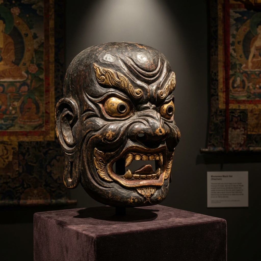 Traditionelle Schwarzhut-Maske (Shacham) mit intensivem Ausdruck, verwendet im Tanz zur Besiegung böser Geister