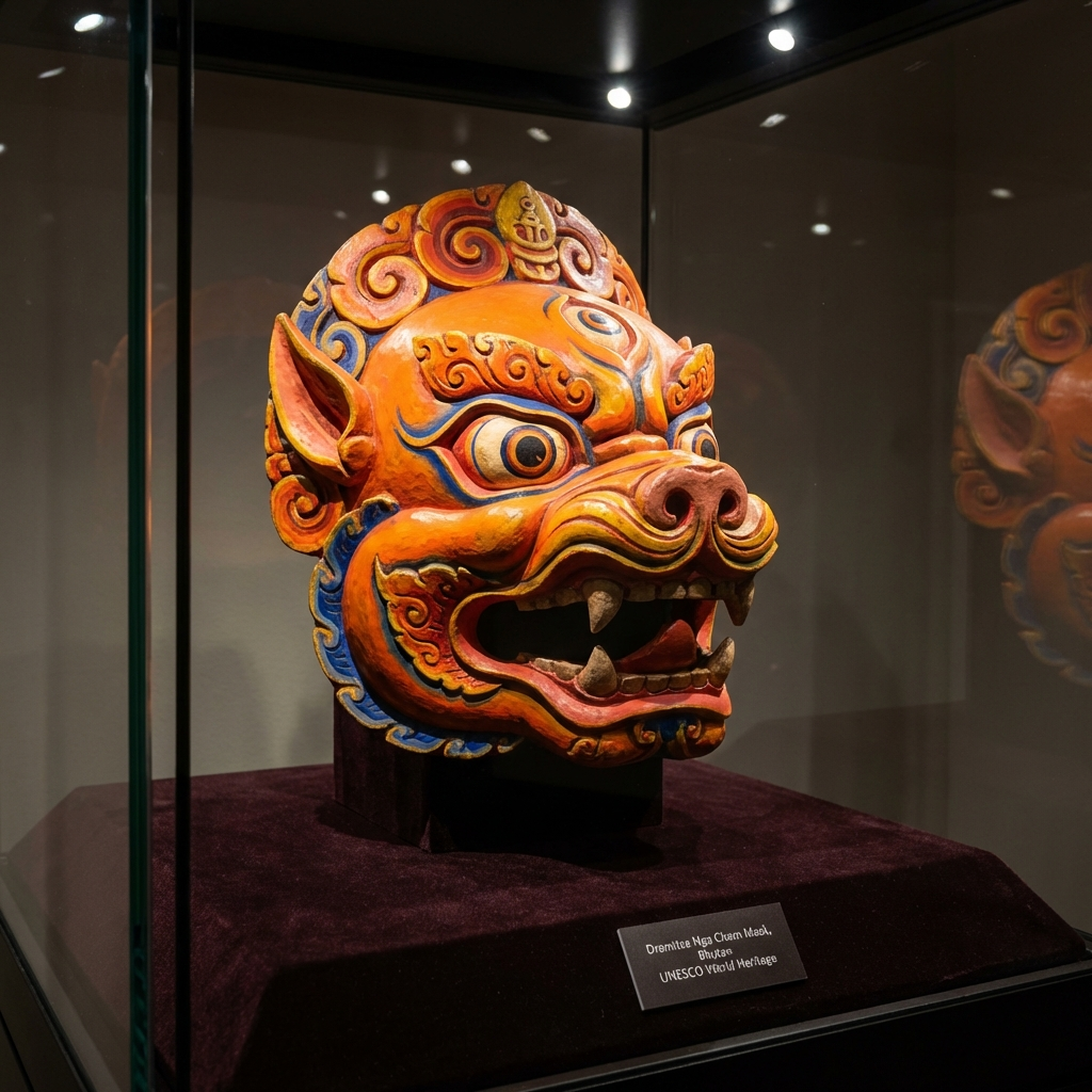Bunte Tiermaske aus dem Dramitse Nga Cham (Trommeltanz), UNESCO Weltkulturerbe
