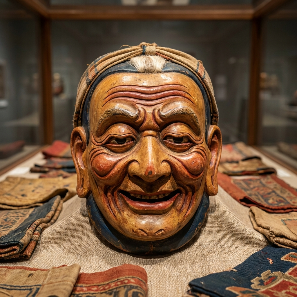 Humorvolle Maske eines alten Menschen aus dem Pholay Molay Tanz, der zur Unterhaltung dient