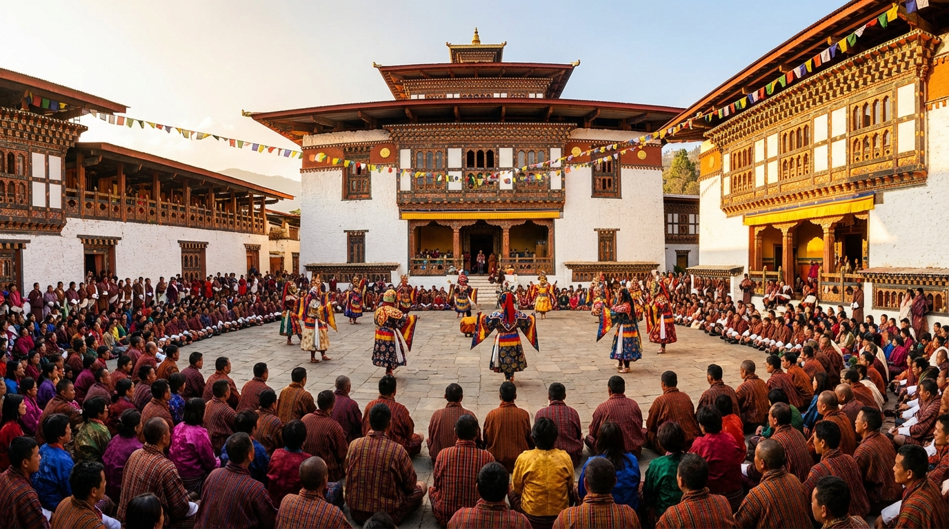 Panoramablick auf den Innenhof des Rinpung Dzong während des Paro Tshechu mit Hunderten von Zuschauern und Maskentänzern in der Mitte