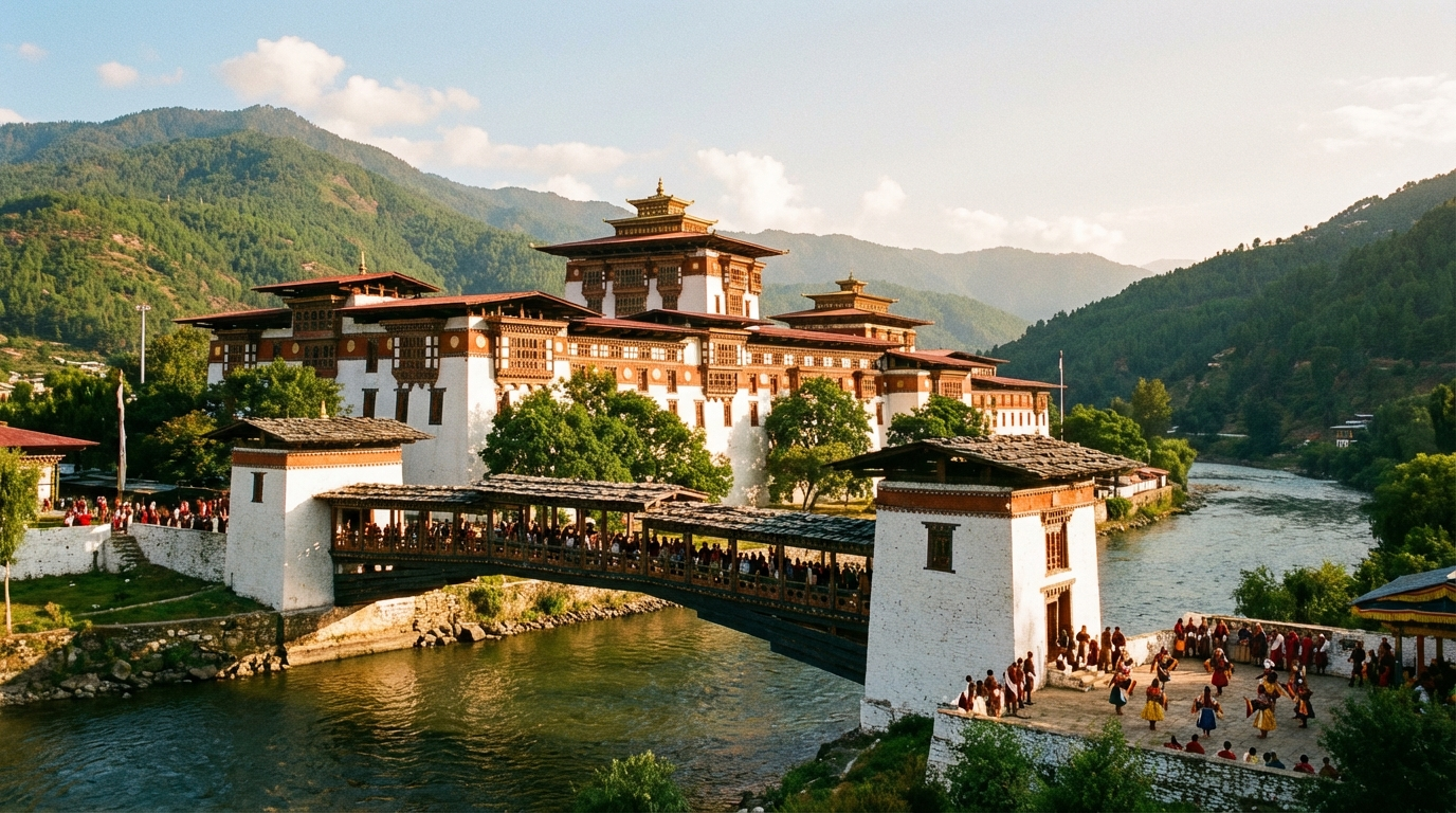 Der majestätische Punakha Dzong am Zusammenfluss zweier Flüsse während des Punakha Tshechu, mit traditionell gekleideten Besuchern auf der Brücke
