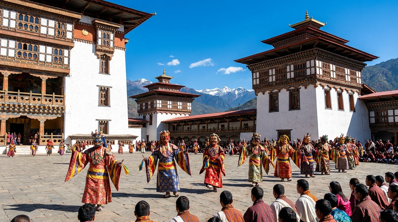 Maskentänzer vor dem Tashichho Dzong in Thimphu während des Thimphu Tshechu, im Hintergrund die Berge des Himalaya