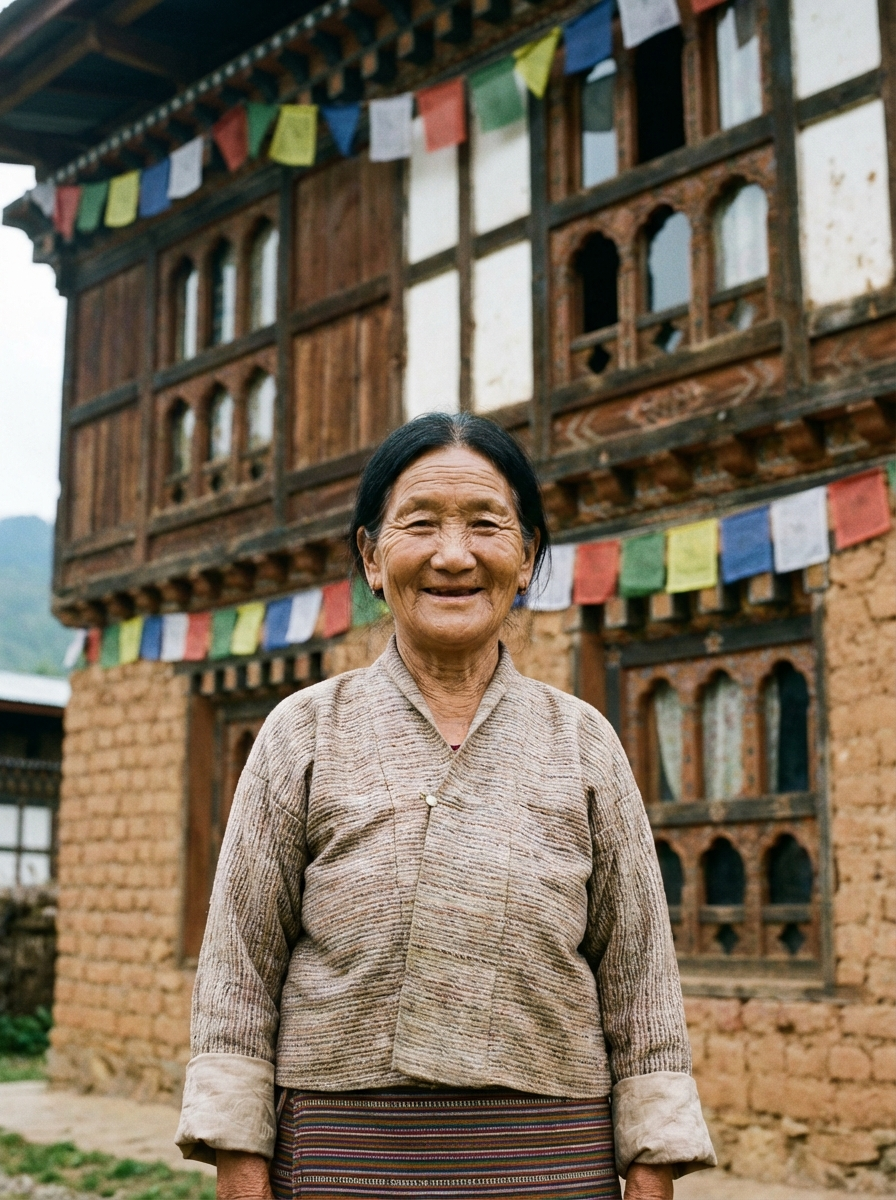 Ältere bhutanische Frau in traditioneller Kira-Kleidung mit freundlichem Lächeln, Portrait mit natürlichem Licht vor ihrem Haus