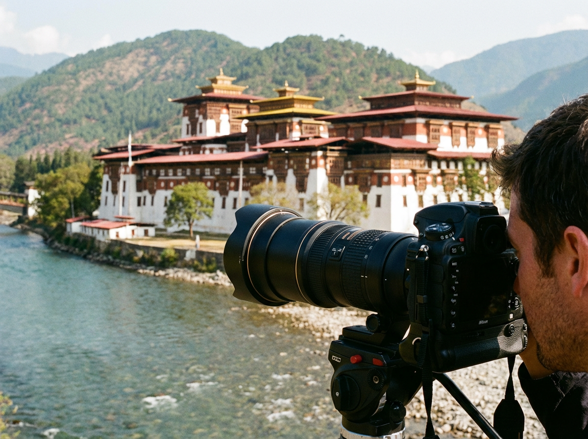 Kamera mit Weitwinkelobjektiv vor dem Hintergrund eines bhutanischen Dzongs