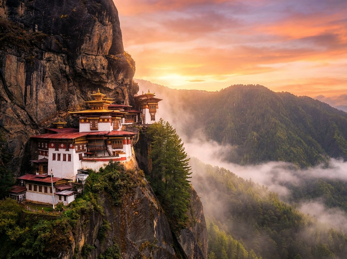 Das Tigernest-Kloster an der Felswand im Morgenlicht