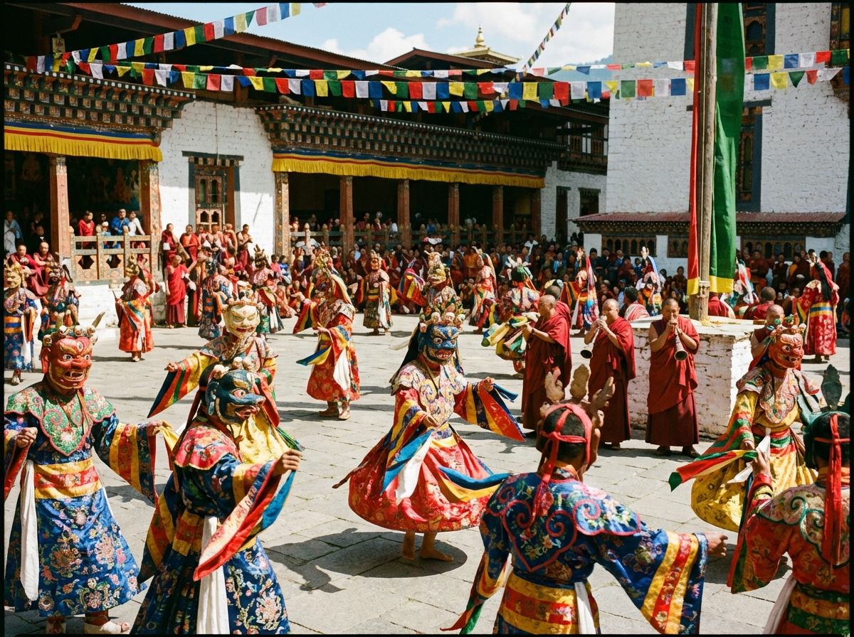 Maskentänzer in farbenfrohen Kostümen beim Tshechu-Festival