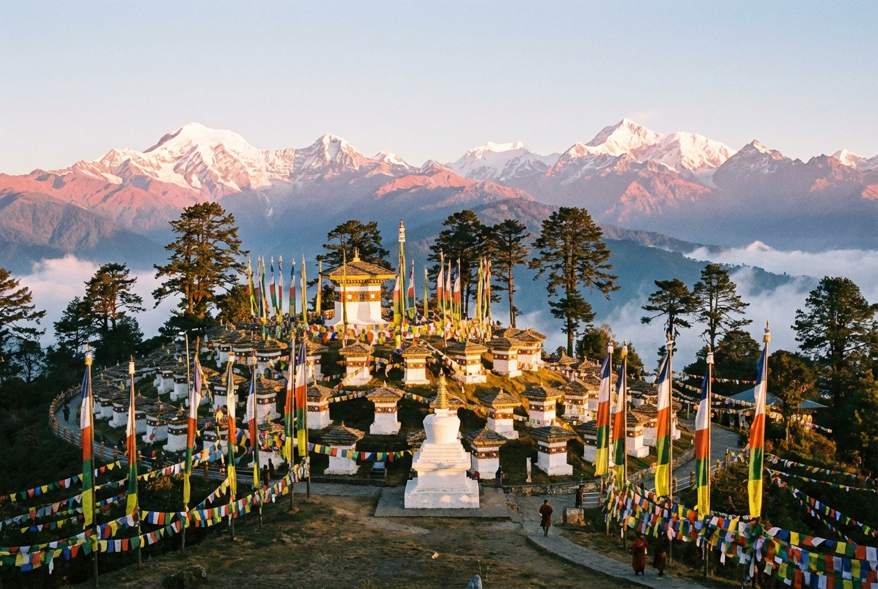 Die 108 Chortens (Stupas) des Dochula Pass im goldenen Morgenlicht mit schneebedeckten Himalaya-Gipfeln im Hintergrund und bunten Gebetsfahnen