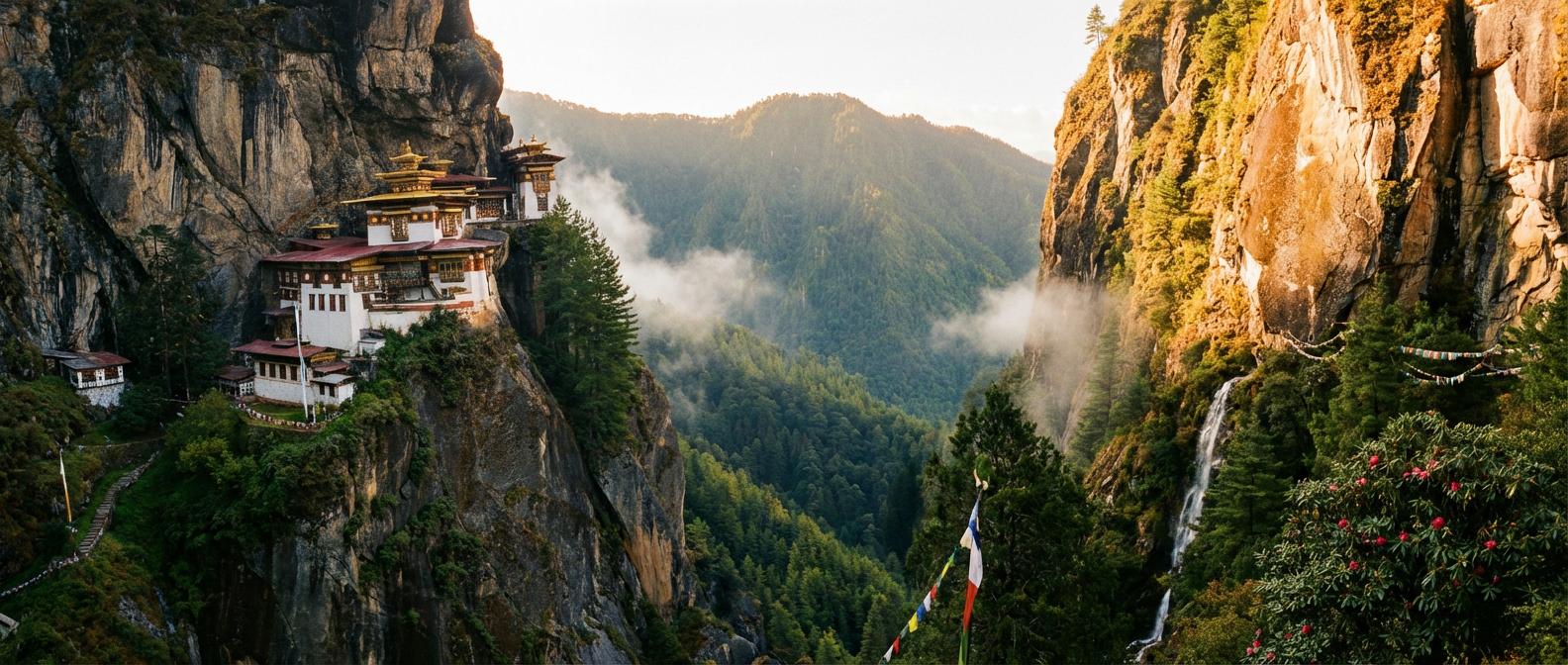 Panoramablick auf das Tigernest-Kloster (Paro Taktsang) im goldenen Morgenlicht, eingebettet in steile Felswände mit Kiefernwald im Vordergrund - das ikonischste Fotomotiv Bhutans