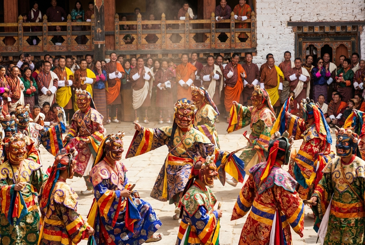 Farbenfrohe Maskentänzer beim Paro Tshechu in traditionellen Kostümen mit bunten Masken, im Hintergrund Zuschauer in festlicher Kleidung