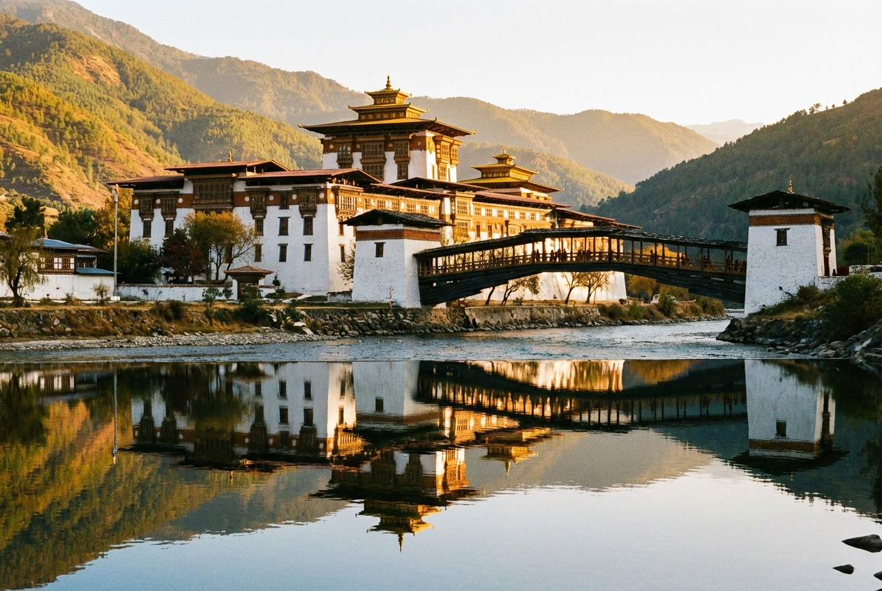 Punakha Dzong am Zusammenfluss zweier Flüsse im späten Nachmittagslicht, die weißen Mauern und goldenen Dächer spiegeln sich im Wasser