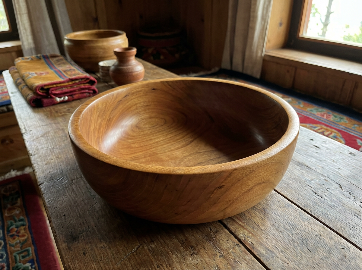 Traditionelle Dapa-Holzschale aus Trashiyangtse, aus einem einzigen Stück Holz gedrechselt, mit warmem natürlichem Glanz