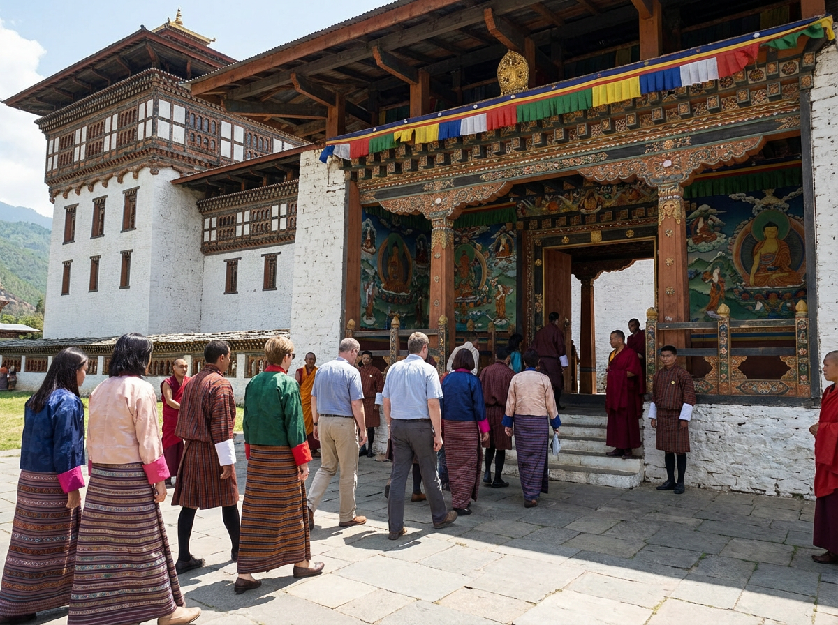Besucher in angemessener Kleidung vor einem Dzong-Eingang, Frauen mit bedeckten Schultern und Knien