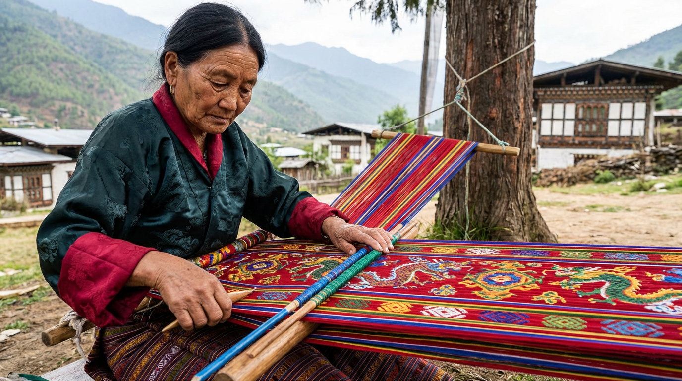 Bhutanische Weberin arbeitet an einem traditionellen Rückengurt-Webstuhl, die Hände führen kunstvolle Fäden in leuchtenden Farben, konzentrierter Blick auf das entstehende Muster