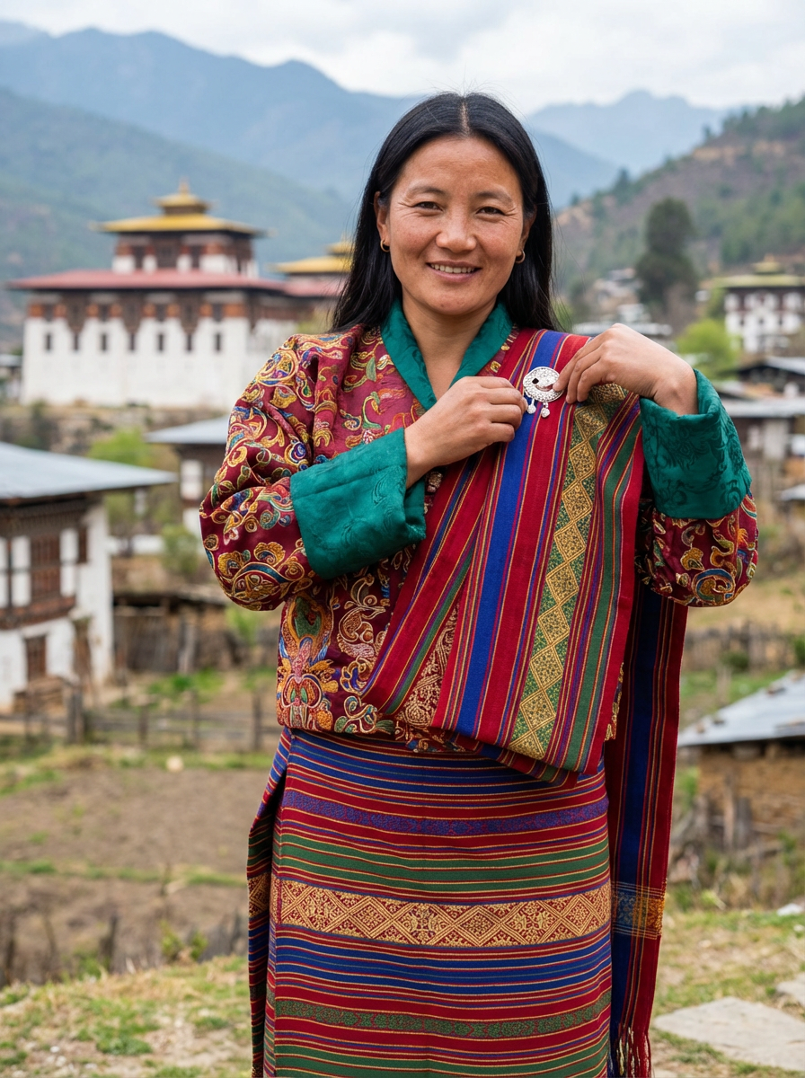 Bhutanische Frau in farbenprächtiger Kira, dem knöchellangen Wickelgewand aus drei zusammengenähten Bahnen, befestigt mit silbernen Koma-Broschen an den Schultern, darüber eine kurze Tego-Jacke