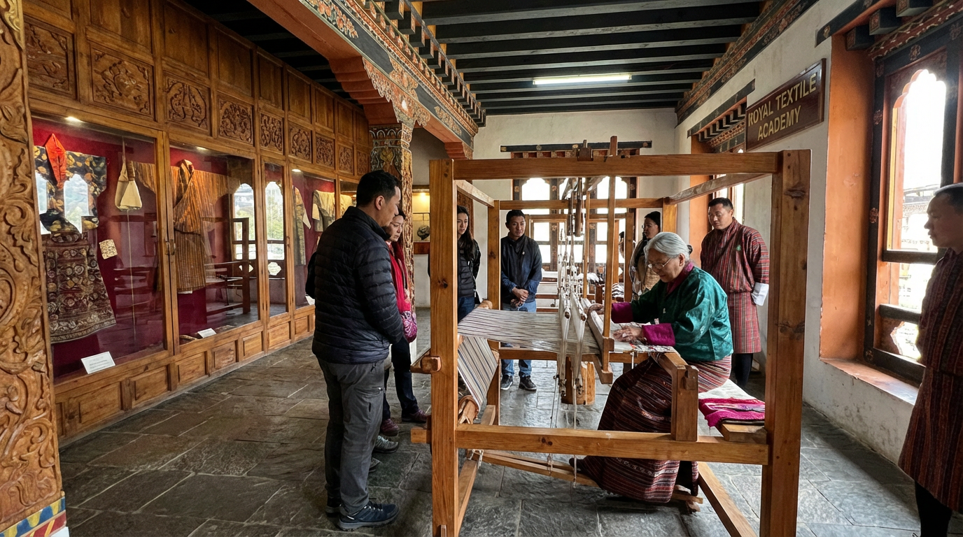 Innenraum der Royal Textile Academy in Thimphu mit historischen Textilien in Glasvitrinen und einer Weberin, die eine Technik demonstriert