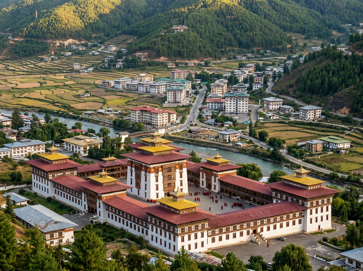 Blick auf Thimphu mit dem Tashichho Dzong im Vordergrund und modernen Gebäuden im Hintergrund, umgeben von bewaldeten Hügeln