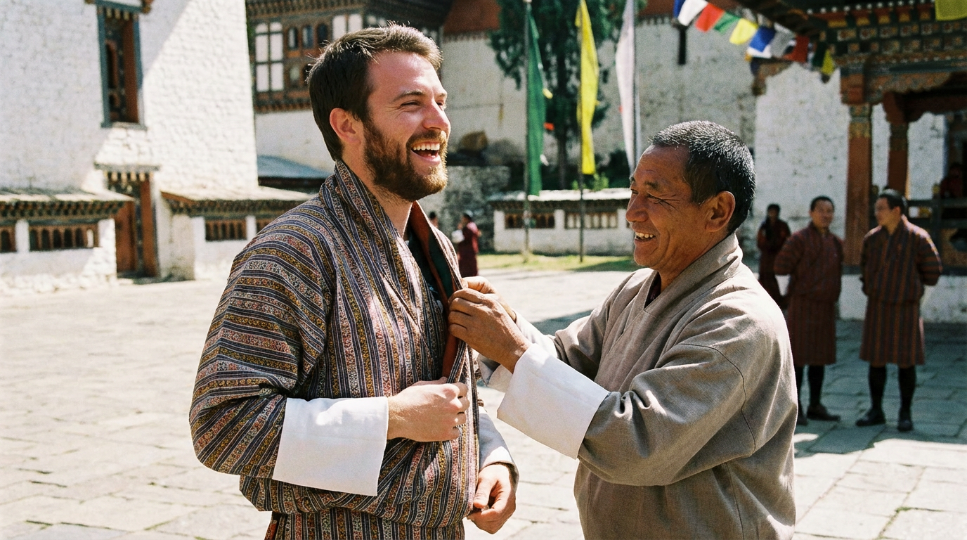 Westlicher Tourist in traditionellem Gho beim Ankleiden mit Hilfe eines bhutanischen Guides, beide lächelnd