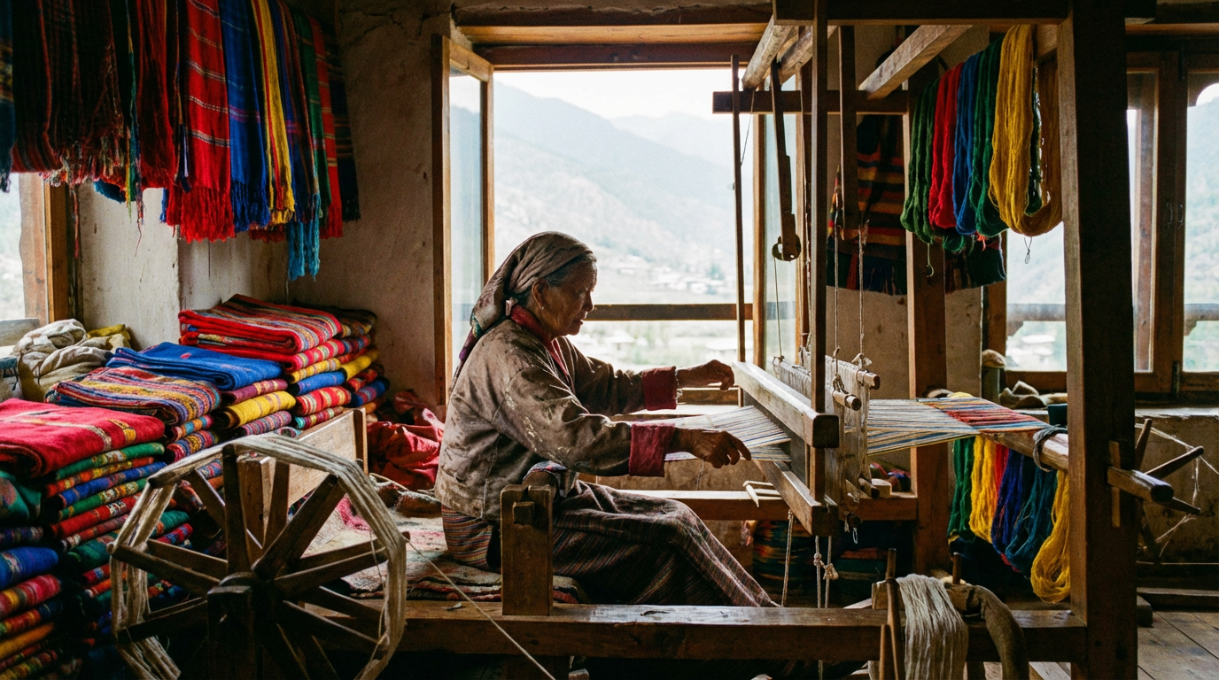 Ältere Weberin in Bumthang am traditionellen Webstuhl in ihrem Zuhause, umgeben von fertigen Yathra-Stoffen in leuchtenden Farben