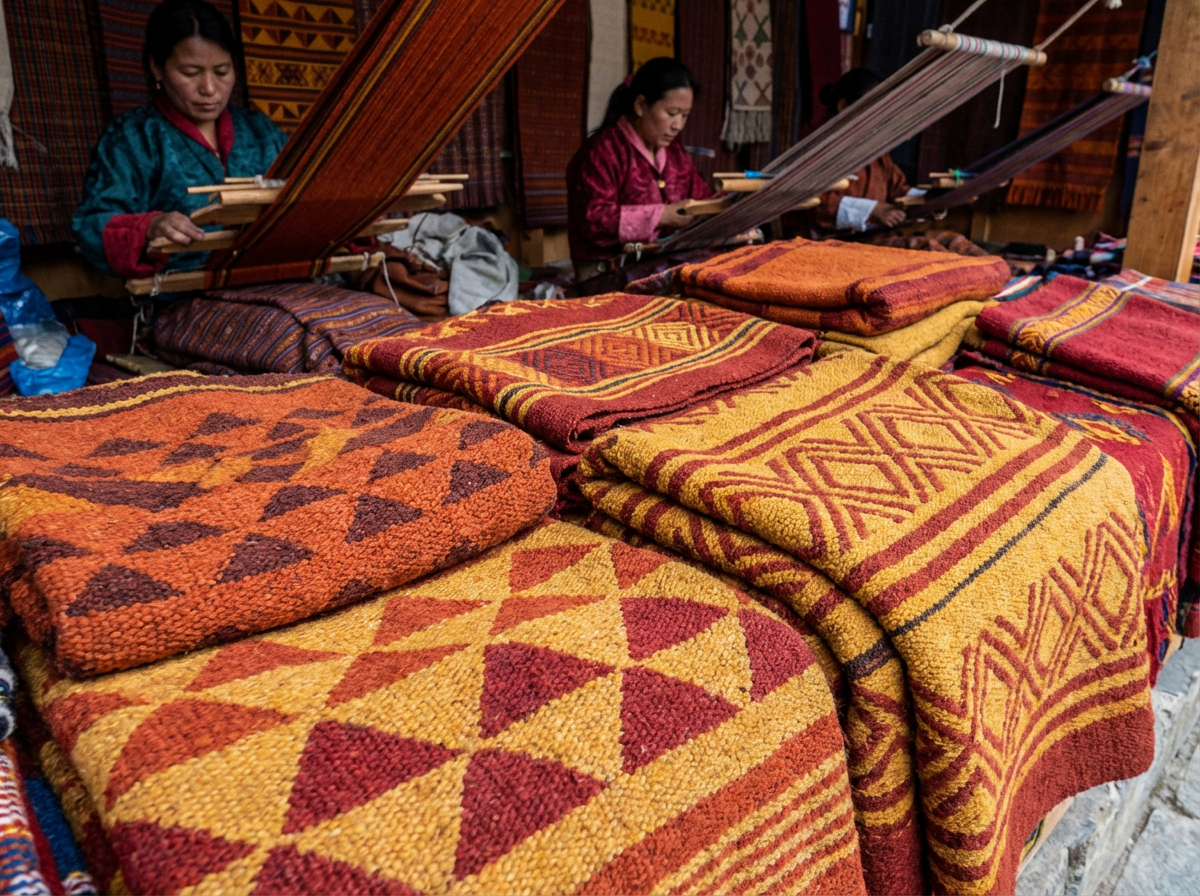 Farbenfrohe Yathra-Wollstoffe aus Bumthang mit traditionellen geometrischen Mustern in Orange, Rot und Gelb, typisch für die Webkunst Zentralbhutans