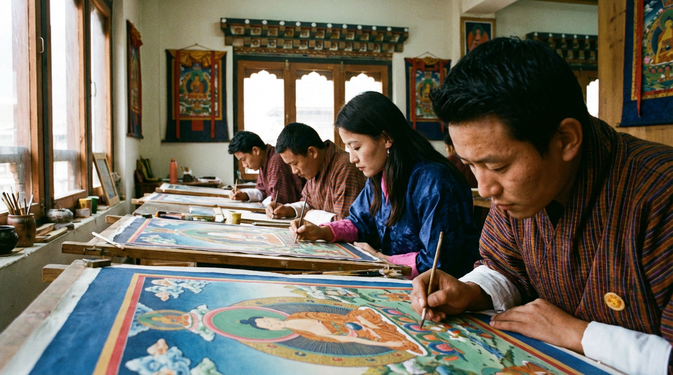 Studenten am National Institute for Zorig Chusum bei der Arbeit an traditioneller Thangka-Malerei, konzentrierte Gesichter über feinen Pinselstrichen