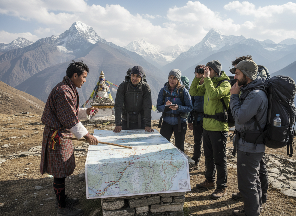 Bhutanischer Trekking-Guide erklärt der Gruppe die Route anhand einer Karte