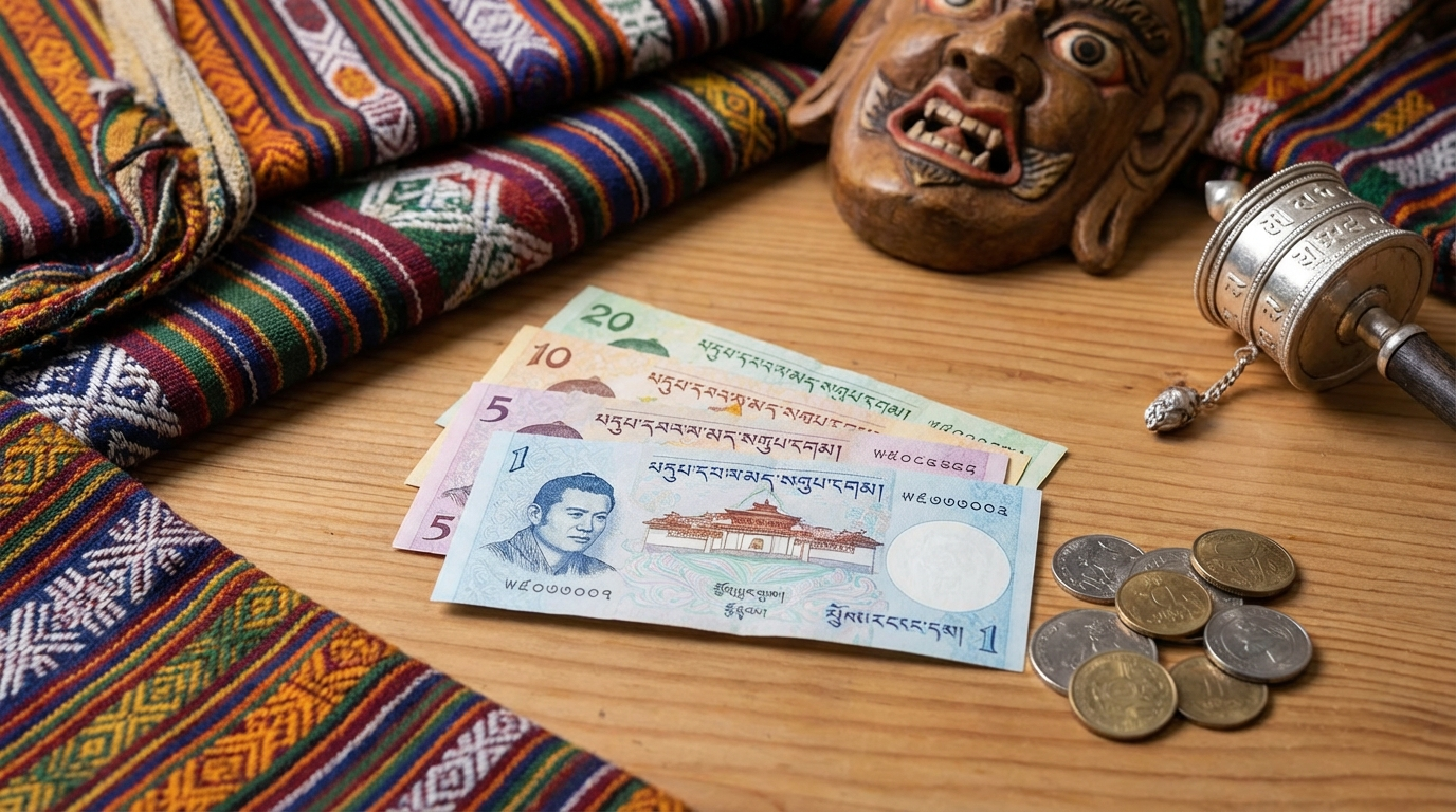 Bhutanische Ngultrum-Banknoten und Münzen neben traditionellem Handwerk