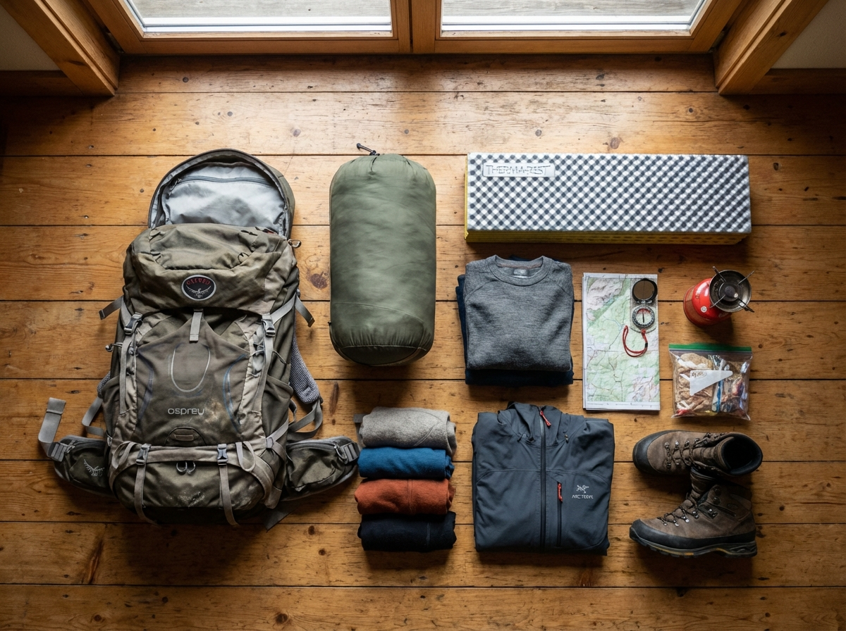 Trekking-Ausrüstung ordentlich ausgebreitet: Rucksack, Schlafsack, Kleidung