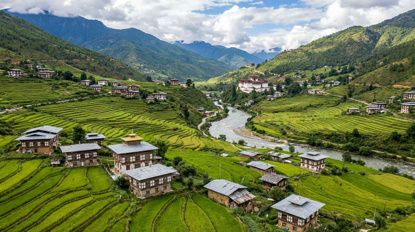 Luftaufnahme eines bhutanischen Tals mit traditionellen Häusern und Reisterrassen