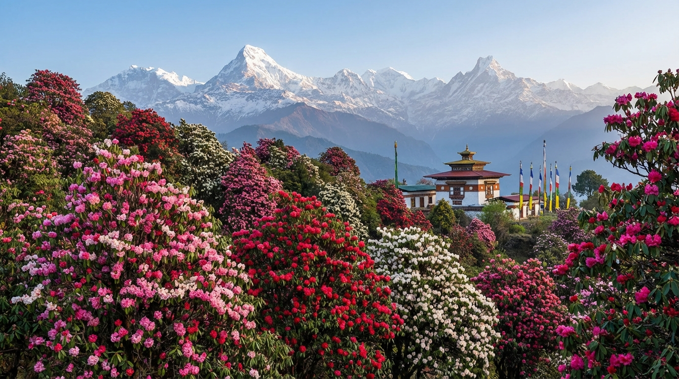 Blühende Rhododendren vor schneebedeckten Himalaya-Gipfeln im bhutanischen Frühling
