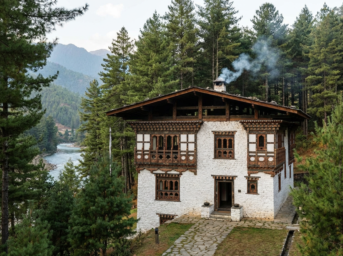 Außenansicht einer Amankora Lodge: Traditionelles bhutanisches Gebäude mit weißen Wänden und Holzornamenten, umgeben von Kiefernwald
