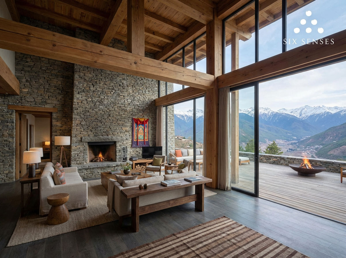 Six Senses Lodge mit modernem Design: Offener Wohnbereich mit Holz und Stein, große Fensterfront mit Blick auf die Berge Bhutans