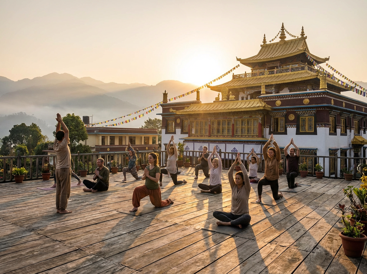 Gruppe von Menschen in Yoga-Pose auf einer Terrasse vor buddhistischem Kloster bei Sonnenaufgang