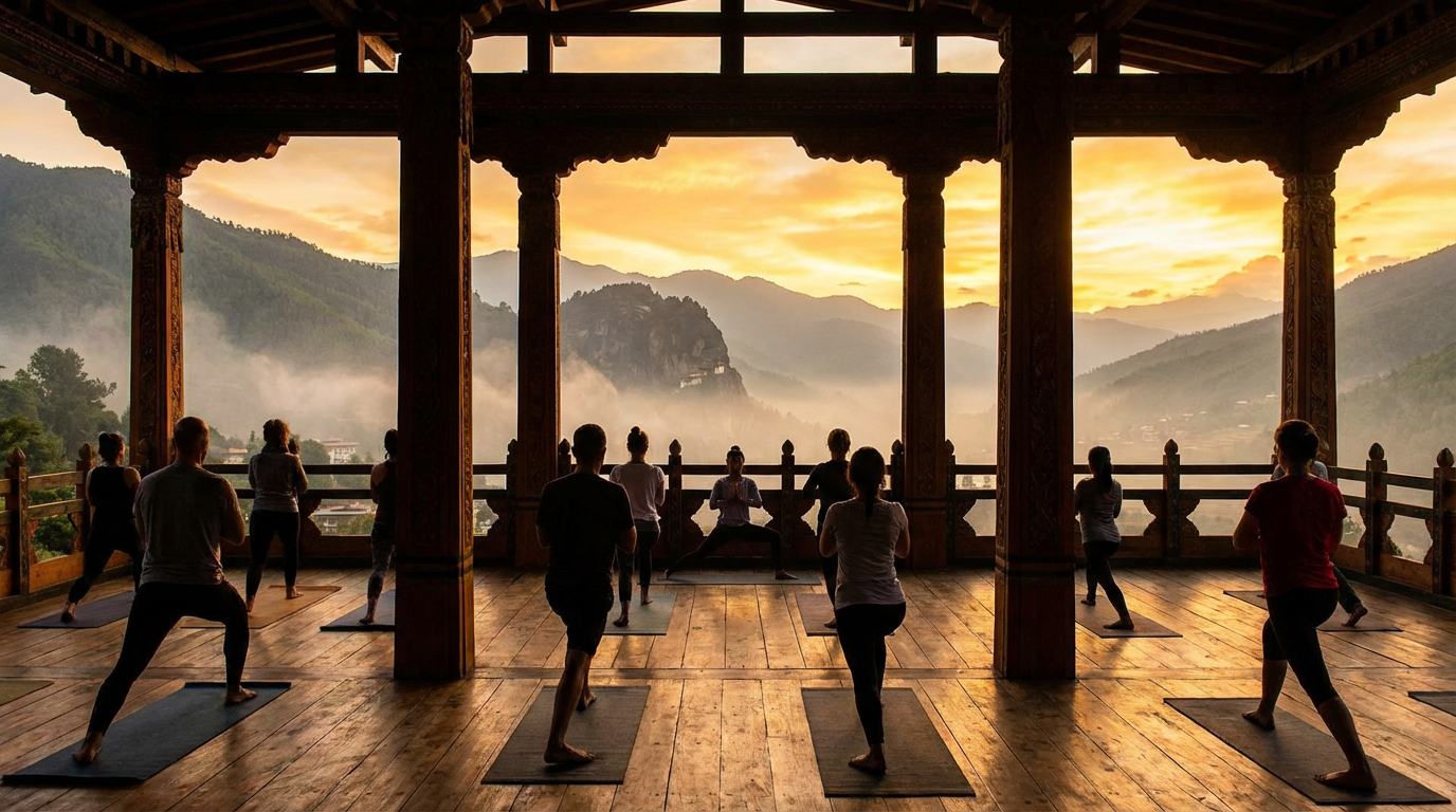 COMO Uma Paro: Yoga-Pavillon mit Holzboden und offenen Seiten, eine Gruppe Gäste in Yoga-Pose bei Sonnenaufgang, Blick auf das nebelverhangene Paro-Tal