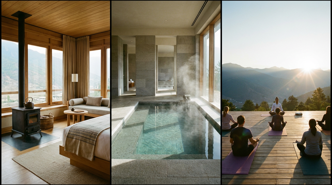 Collage aus drei Bildern: Links eine Amankora-Suite mit Bukhari-Ofen, Mitte ein Six Senses Spa-Bereich mit Steinbecken, rechts eine COMO Uma Yoga-Session im Freien